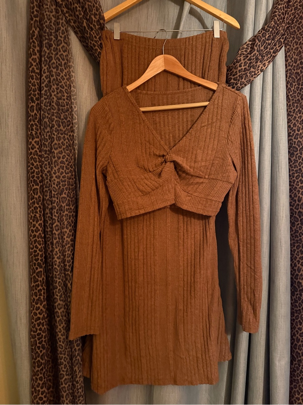 Pregnancy Wear, Ribbed Knit Two-Piece Set in Warm Brown